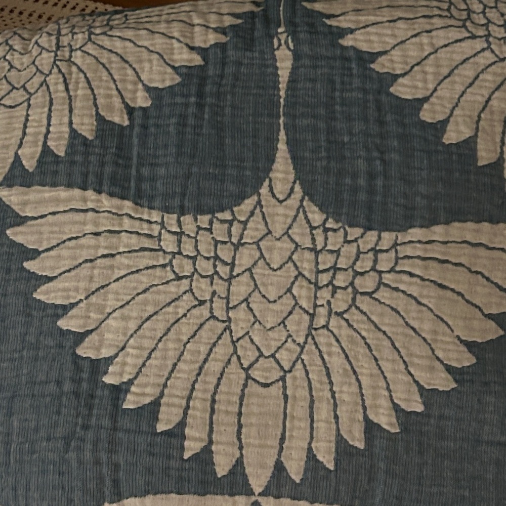 Luxury Bedspread King Organic Muslin Quilted Crinkle 2 Side FLiPSiDE Teal Crane - Picture 11 of 15